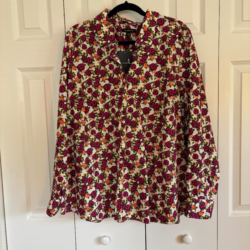 Lands' End Floral LS Button Down Shirt No Iron top 100% Supima Cotton S 24W